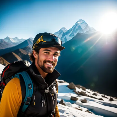 Man in his thirtieuscular build)), ((worn leather watch)), ((rugged face)), brown hair, sarcastic smile, selfie taken in Mount Everest base camp, ((mountain peak in the background, Mount Everest)), ((beautiful sunset)), high contrast lighting, detailed tex...