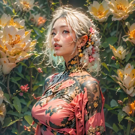 (Realistic Painting), (Best Quality, High Resolution, Photo Realistic: 1.37), (Vivid Colors), (Studio Lighting), (Orange, Pink, White, and Green Details), (Woman with White Hair), (Tattoos), (Technological clothing: 1.1), (Abstract background with lines an...