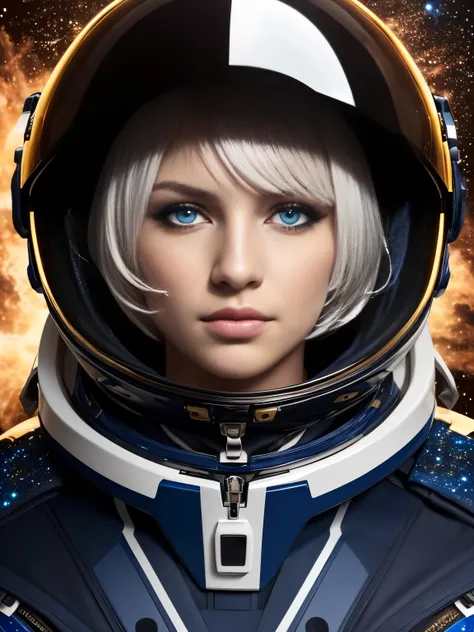 (golden white hair),(beautiful detailed blue eyes),(realistic black spacesuit),(best quality,ultra-detailed),vivid colors,shiny spacesuit,sparkling stars,galaxy background,portrait