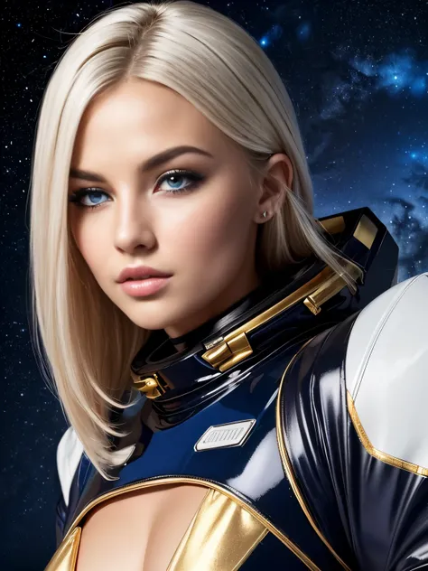 (golden white hair),(beautiful detailed blue eyes),(realistic black spacesuit),(best quality,ultra-detailed),vivid colors,shiny spacesuit,sparkling stars,galaxy background,portrait. One ultra hot gorgeous European woman, age 23. She’s a playmate.