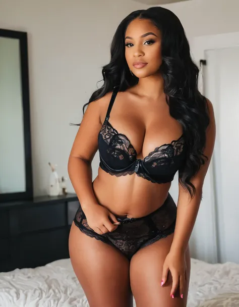 Mixed black ethnicity, curvy girl , wearing cute lingerie , long hair , bedroom