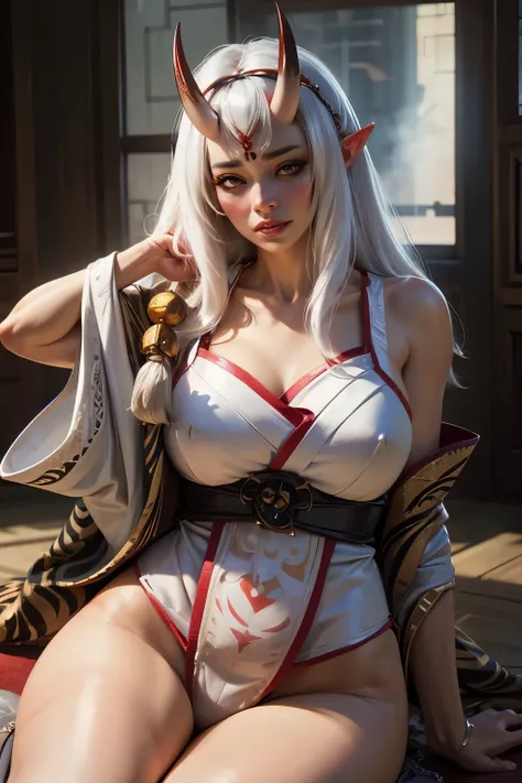 A very beautiful asian oni female geisha,(sitting in seiza pose:1.33) wearing tiger pattern lingerie , with thick curvy mature body yet muscular, long and voluminous white hair blown by the wind, ((2 long oni horns)), reddish fair skin , perfect face featu...