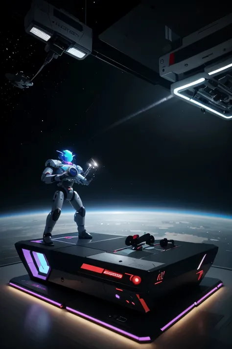 a futuristic videogame console and controller levitating in space without humans. Just robots