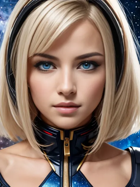 Extreme closeup portrait, (golden white hair),(beautiful detailed blue eyes),(realistic black spacesuit),(best quality,ultra-detailed),vivid colors,shiny spacesuit,sparkling stars,galaxy background,portrait. One ultra hot gorgeous European woman, age 23. S...