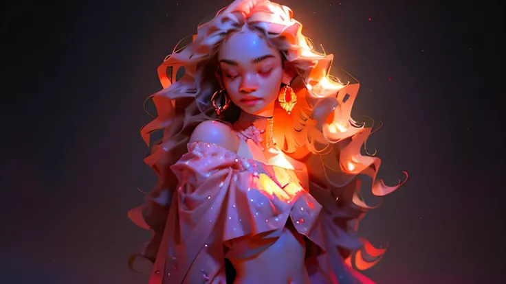 (masterpiece, best quality), 1girl, upper body, wavy hair, ((light skin)), off shoulder, navel, waves, hair ornament, looking at viewer, (intricate, pattern), dappled led lights, nightclub scene, neon flashing lights, against support beam,
