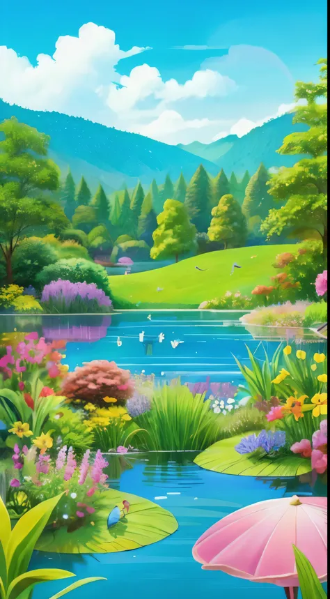 Draw a serene and peaceful lake, surrounded by lush and colorful plants. On one of the banks, a small frog is sitting, happy and satisfied. Around the lake, there are other friendly animals such as birds singing, butterflies dancing and dragonflies buzzing...