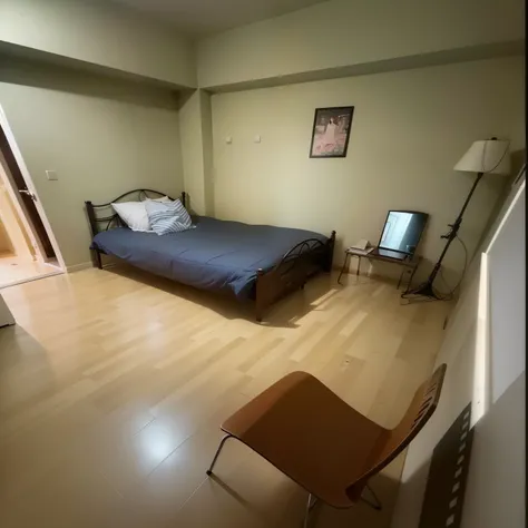 there is a bed and a chair in a Small room, furnished room, foto tomada en 2 0 2 0, dentro de un dormitorio, dormitorio oscuro, imagen de listado, Large spacious room, Entire room, Se pueden ver otros dormitorios, a large room, No hay luces en el dormitori...