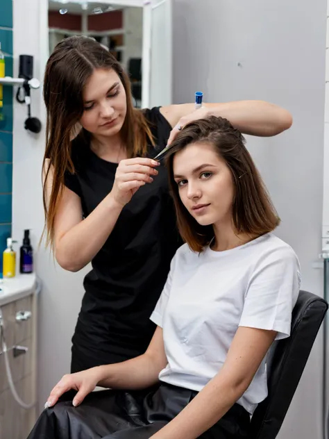 20 year old beutiful polish woman cutting other woman hair, one woman standing other sitting in the hair saloon chair