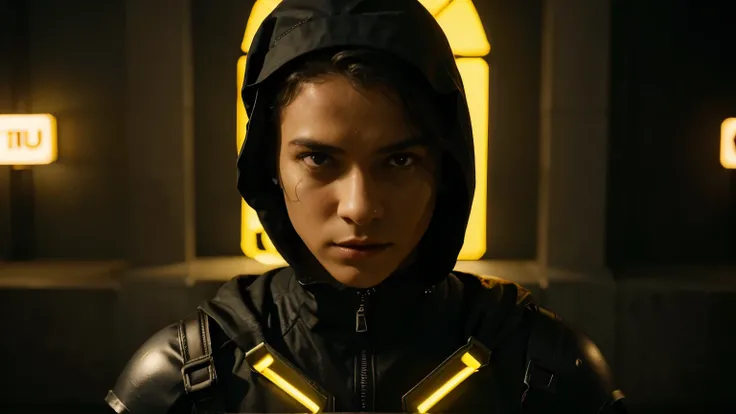 CRIE UMA CENA DE FILME BIBLICO , COM DETALHES EM NEON , E DO LADO DIRETO DA TELA UM  PERSONAGEM DE UM HACKER DE CAPUZ PRETO COM LUZES EM NEON , AMARELO E PRETO.