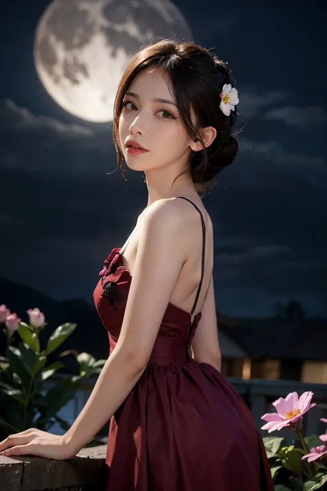 1girl, blurry, blurry_background, brown_eyes, brown_hair, depth_of_field, earrings, flower, full_moon, hair_flower, hair_ornament, lips, looking_at_viewer, moon, moonlight, night, night_sky, outdoors, red_flower, red_moon, sky, solo