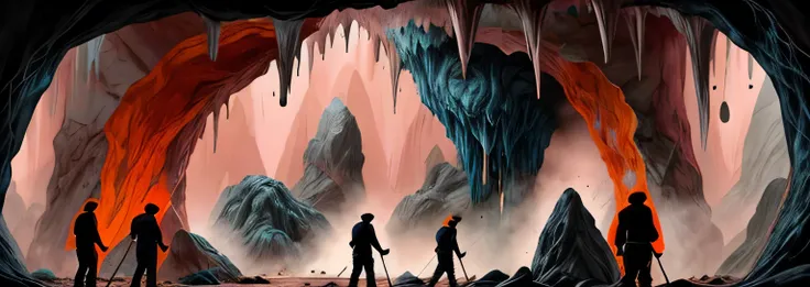 Three men with pickaxes, cave, stalactites, stalagmites, dark