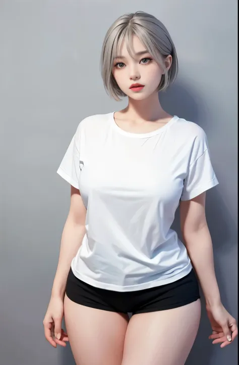 realistic, High resolution, 1 girl, short gray hair, Korean, It looks like winter from aespa, blue eyes, loose white shirt, tight black shorts, thick thighs