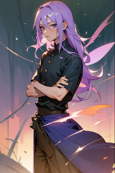 fairy tail, Pastel violet hair color, medium- length hair, forest background, young male, black shirt, violet outfit,
