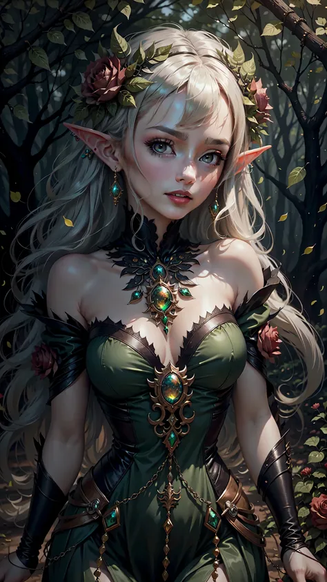 green eyes, elf girl, dryad,forest, vivid colors, vibrant, glowing eyes,background rose field , rose petals scattering around , 