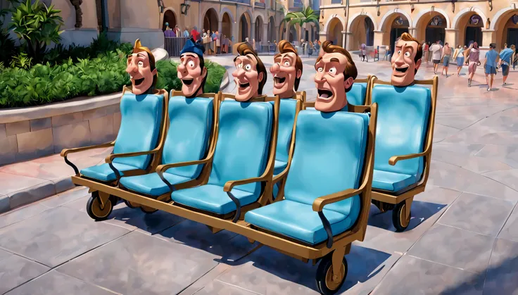 A wide shot of a themepark ride boarding area at Universal Orlando Florida where a group of carts shaped like Napoleon Bonaparte’s head open up by the tops unhinging to reveal four seats for the riders. Cartoon, Tex Avery Style funny, line drawing American...