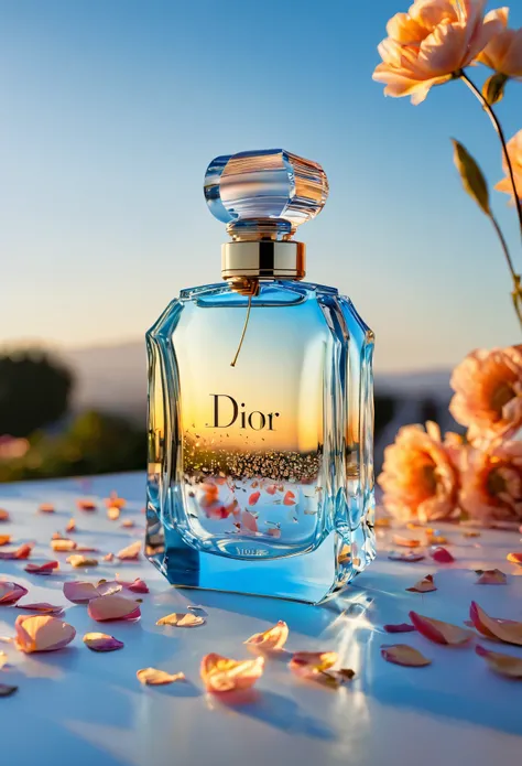 In the stillness of the night, the reflection of a Dior perfume bottle Against the pale blue sky shows its elegant allure. The mirror, framed by delicate falling flower petals, catches the first rays of sunlight in a high angle shot. Each detail is meticul...