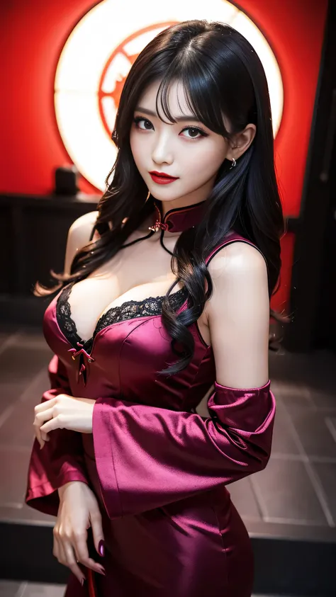 Super detailed、Japanese、charming beauty、seductive adult woman、Beautiful woman、sharp eyes、cool girl、wavy hair、long black cheongsam、wide sleeve、evilの幹部、evil depravity、brainwashing、Mind control、lipstick、grin、evilな表情、evil、empty eyes、evil、church at night、vampir...