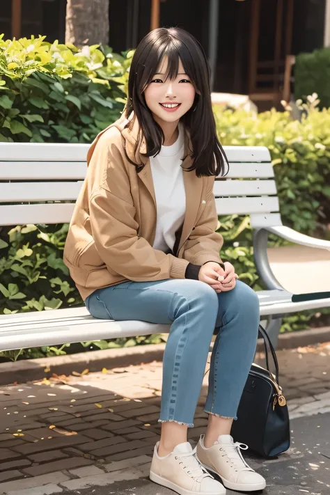 A neat and beautiful woman sitting on a park bench、black hair、hoodie、skinny denim、short boots、refreshing smile、smile showing teeth、full body photo、