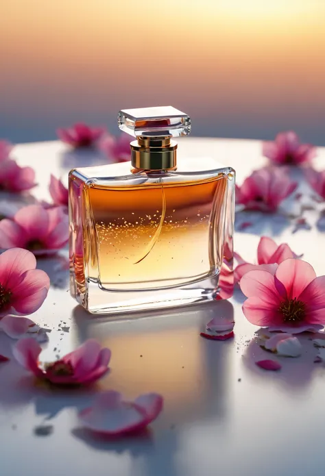 the reflection of a  perfume bottle against the pale  sky shows its elegant allure. the mirror, framed by delicate falling flowe...