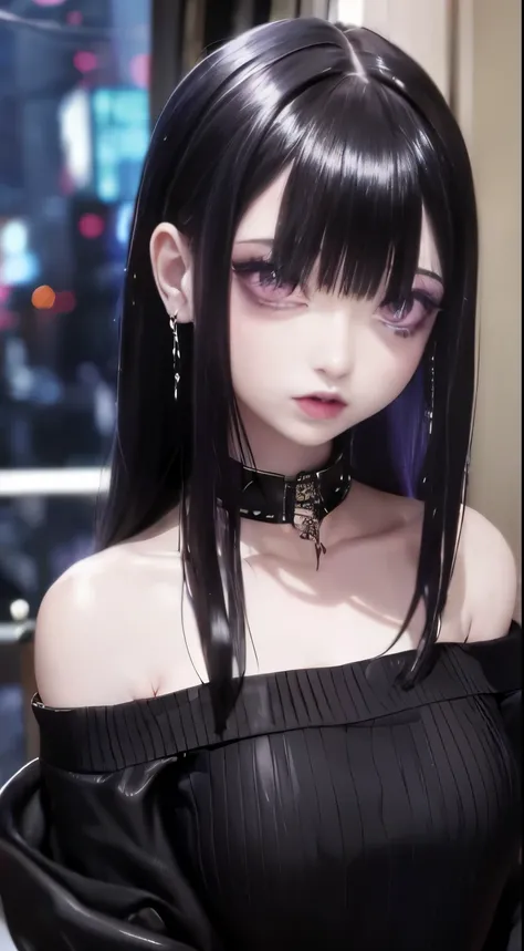 4k-ultra sharp、highest quality, masterpiece, ultra high resolution, (reality: 1.4),  16 year old girl, purple eyes, Off-the-shoulder sweater dresses, cinematic lighting、purple and black hair、(mine girl、goth makeup、mine makeup)、(Pierced ears、big breasts、Ove...