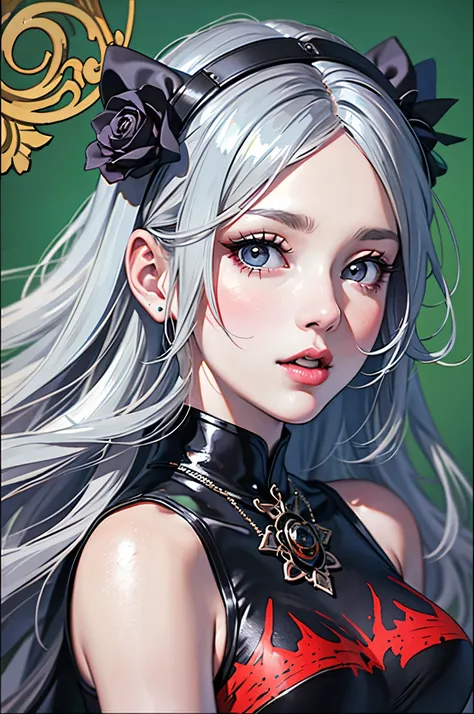 动漫 吸Blood鬼公主, long white hair, gothic style, Roses in your hair, Deep black eyelashes, White glowing iris, light blue dress, digital illustration, comic style, gothic renaissance, perfect anatomy, center, nearly perfect, Dynamic, Very detailed, Gothic cast...