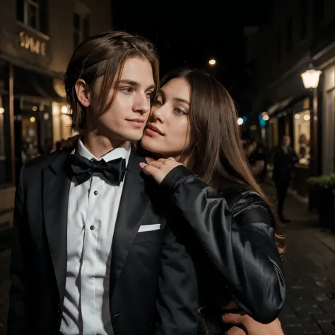 blonde guy wearing tuxedo taking a selfie while giving a kiss to his girlfriend, a brunette girl carrying hair in ponytale, wearing elegant black jacket, night, Best Quality,Masterpiece,Ultra High Resolution,(Realisticity:1.4),Original Photo,Cinematic Ligh...