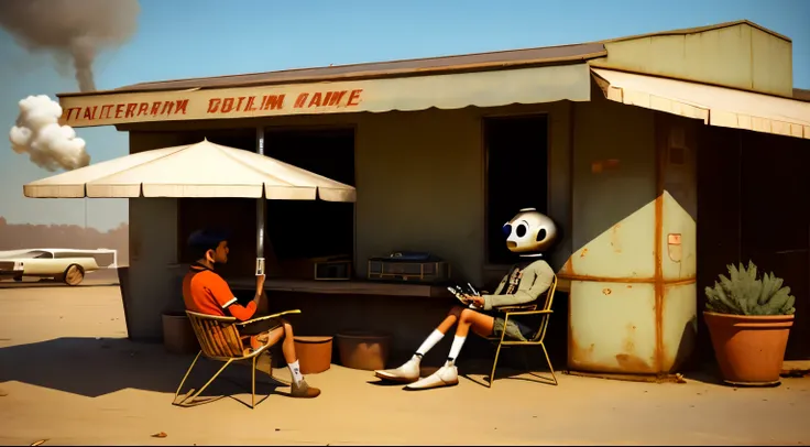 A shabby, battered anthropomorphic robot smokes cigarette sits under an awning