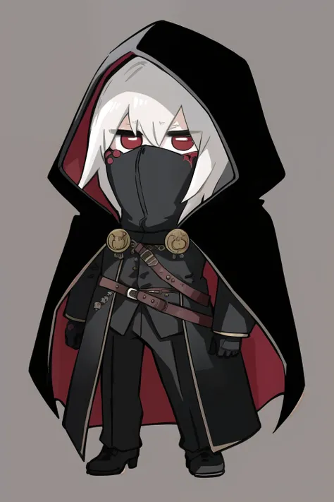 masterpiece, 1 hooded man wearing a mask, black overcoat, best quality, highly detailed, nozochibi, 1 boy, solo, blush stickers, (chibi:1.4), simple background, full body,alucard, hidden on the hood, medieval coat, misterious pose, big coat and hood, dark ...