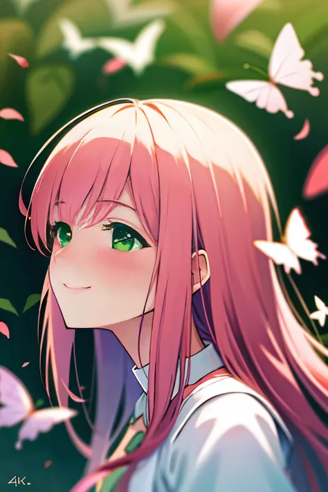 (best quality,4k,8k,highres,masterpiece:1.2),ultra-detailed,(realistic,photorealistic,photo-realistic:1.37),smiling girl in a beautiful garden,anime style,soft vibrant colors,gentle sunlight,flowing pink hair,wispy eyelashes,sparkling green eyes,fair skin,...