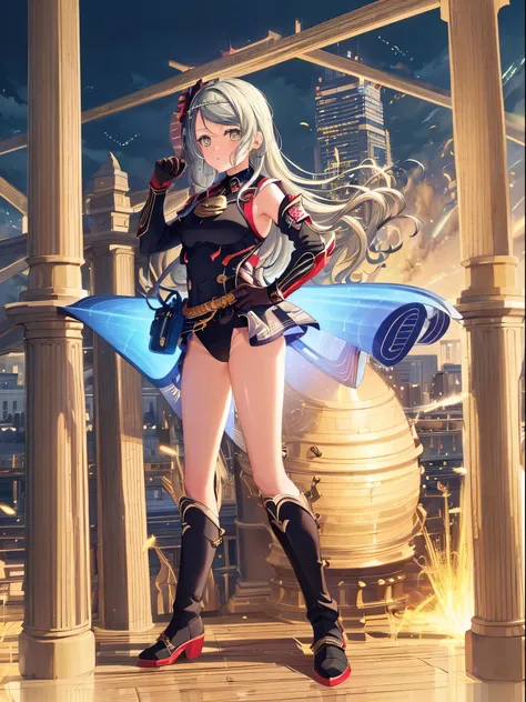 (masterpice, best quality, high quality, highres:1.4), extremely detailed, detailed skin, 4K, line art, art, 1girl, solo focus, sayobd, superhero, leotard, bare legs, gloves, boots, city backdrop, hands on hip, heroic, looking at viewer