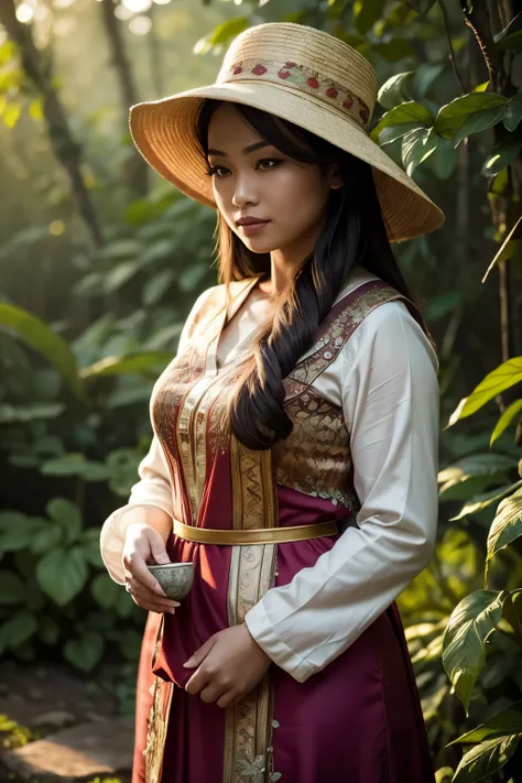 Best quality, ultra HD, Masterpiece: 1.3,
A beautiful Indonesian woman, with a slight smile,
Wearing traditional kebaya clothes, comprang hat adorned with a hood,
Picking tea leaves on a intricately detailed plantation,
Background read: "MBOTWEPORA,"
Mount...