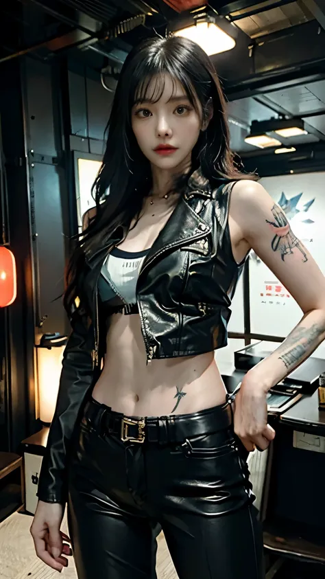 (highest quality)，masterpiece，Super detailed，8K, UHD，Beautiful woman，japanese woman，No expression，whole body，((tattoo))，slim，black leather pants，black leather vest，(female mafia)，gangster，(cyberpunk city)，night，cinematic lightening，underworld