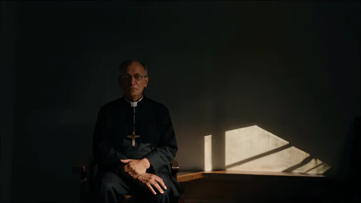 image of a 55 year old Catholic priest, sentado em um quarto escuro, tired expression