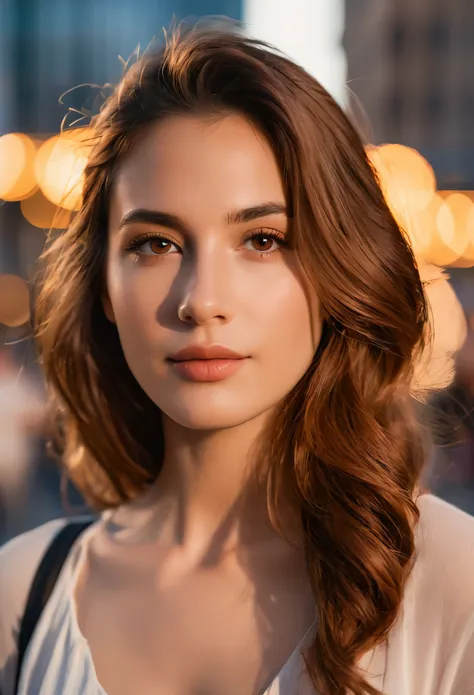 portrait of an italian young woman in the heart of the bustling city during the golden hour using a dslr with an 85mm prime lens...