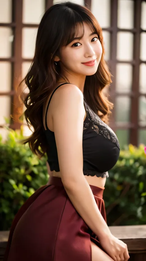 (realistic, photo-realistic:1.4), (extremely detailed 8k wallpaper), bokeh, detailed beautiful eyes and skin, (Image from thighs to head:1.3), (Japanese idol:1.3), 25yo, beautiful woman, smile, (large breast:1.3), full body, 
Burgundy silk skirt with a fla...