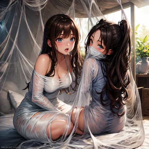 1girl,Spider weaving a net on the girl,réalism:1.2,ultra-detailed,bedroom setting,stretched pose,struggling in the net,brown haired,very long sheer skirt,oaken floor,soft sunlight,delicate spider silk,lace curtains,bedside table,decorative pillows