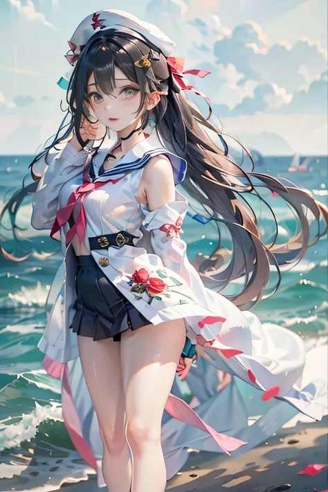 Girl by the sea、（Highly detailed CG Unity 8K wallpaper、masterpiece、highest quality）、（exquisite lighting and shadows、very dramatic image、cinematic lens effects）（Excellent detailed rendering、Excellent lighting effects、wide angle）、（excellent rendering） 、Enoug...