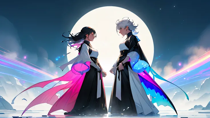 Two women in profile representing Yin Yang, One with long black hair in movement, the Other woman with white hair in movement, both have frosted light blue eyes, full pink lips, small round breasts, perfect body, full body, translucent clothes, scenery mis...