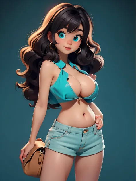 cute trumpet。curls。Big breasts，big ass，Large turquoise colored eyes。deep vbra，Tback shorts with only one bag，Show belly button。Expose pubic bone。camel toe protrusion。clean background。