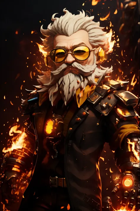 big head,1 boy, ((white beard, a yellow-haired one))，on fire, explode, grow white beard, fiery hair, fiery的翅膀, fiery, incendiary...