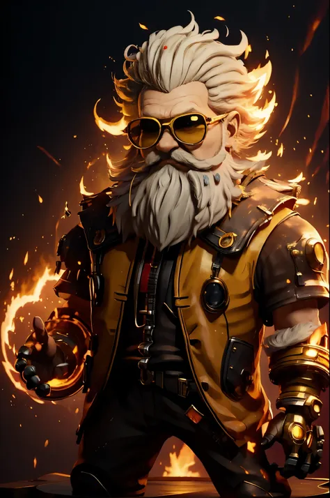 big head,1 boy, ((white beard, a yellow-haired one))，on fire, explode, grow white beard, fiery hair, fiery的翅膀, fiery, incendiary...