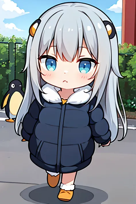 （In 8K, best quality, muste piece:1.2)、ultra high resolution,(((Penguin))), girl,(chibi:1.5)gray hair,cute eyes,light blue eyes,long hair、detailed hand fingers,walking、(on the ice)