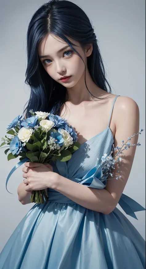 （and soul）（secondary elements）1 girl、blue hair、hair length、blue eyes、gradient eyes、sparkling eyes、bright eyes、finely tuned、expressive eyes、blue clothes、gem、Blue lighting、blue theme、（shape：1.5）、abstract、highest quality、Super detailed、(((holding a bouquet)))...