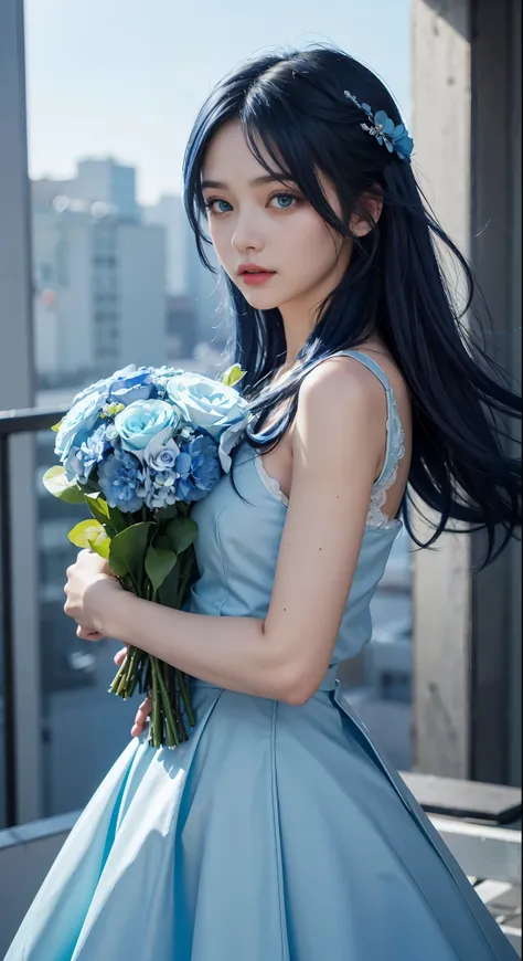 （and soul）（secondary elements）1 girl、blue hair、hair length、blue eyes、gradient eyes、sparkling eyes、bright eyes、finely tuned、expressive eyes、blue clothes、gem、Blue lighting、blue theme、（shape：1.5）、abstract、highest quality、Super detailed、(((holding a bouquet)))...