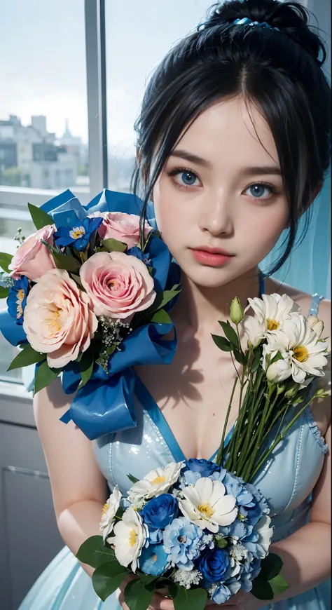 （and soul）（secondary elements）1 girl、blue hair、hair length、blue eyes、gradient eyes、sparkling eyes、bright eyes、finely tuned、expressive eyes、blue clothes、gem、Blue lighting、blue theme、（shape：1.5）、abstract、highest quality、Super detailed、(((holding a bouquet)))...