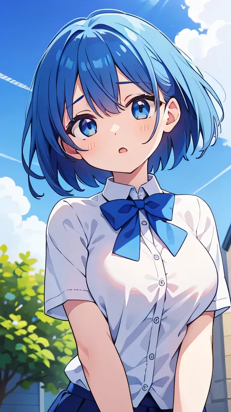 masterpiece, highest quality, alone, ,
short hair, blue hair, straight hair, blue eyes, white shirt, open your mouth, bow tie, big breasts, gap between buttons, empty eyes,
blue sky, Wind,