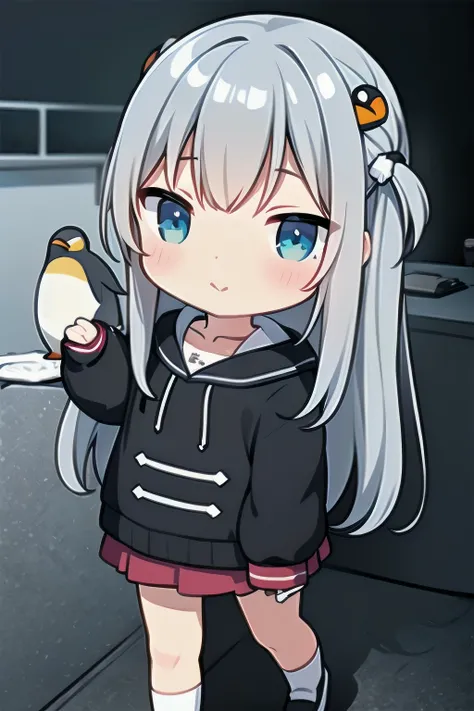 （In 8K, best quality, muste piece:1.2)、ultra high resolution,(((Penguin))), girl,(chibi:1.5)gray hair,cute eyes,light blue eyes,long hair、detailed hand fingers,walking、Cinematic Lighting,(Frozen Lake)