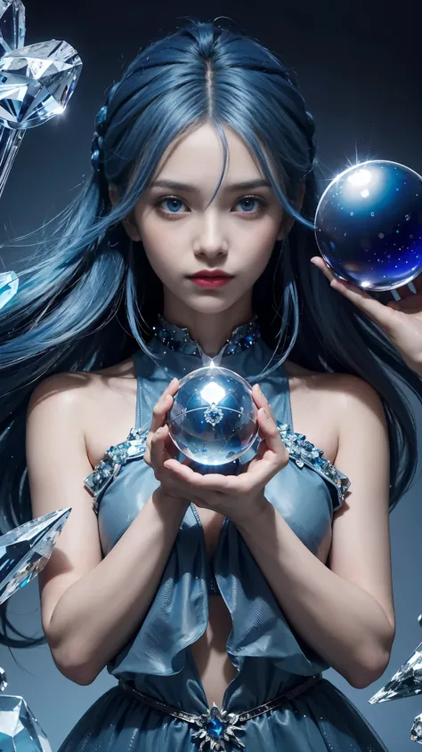 （and soul）（secondary elements）1 girl、((blue hair))、hair length、(blue eyes)、(gradient eyes)、sparkling eyes、bright eyes、finely tuned、expressive eyes、blue clothes、gem、Blue lighting、blue theme、（shape：1.5）、abstract、highest quality、Super detailed、(((Holding a cr...