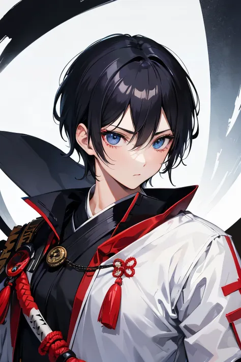 male　black hair　blue eyes　very short hair　one person　Japanese sword　uniform　samurai　walk around town　spring　masterpiece　Highest image quality　noise removal　clear parts 　cinematic shadow　Increases the attractiveness of the eyes　clear parts the shine of the ...