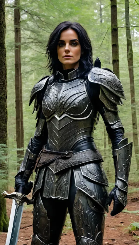 a woman, perfect eyes, (ultra realistic:1.5), (standing in forest:1.2), (full shot photo:1.5), (black paladin armor:1.2), (intricate:1.2), (Hero pose:1.2), (looking at camera:1.2), (best quality:1.2), black hair, dirty armor, A large sword hammered with it...